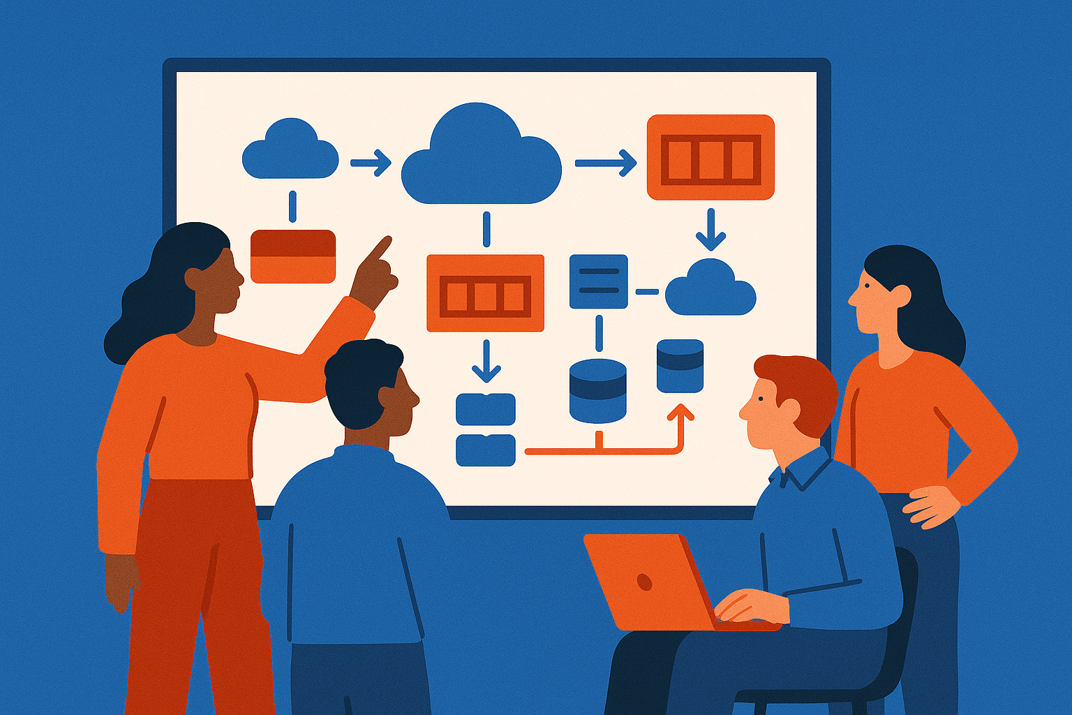 Team of developers collaborating on cloud-native architecture diagrams on a whiteboard