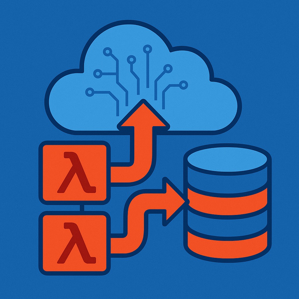 Illustration of cloud architecture with serverless functions and database icons
